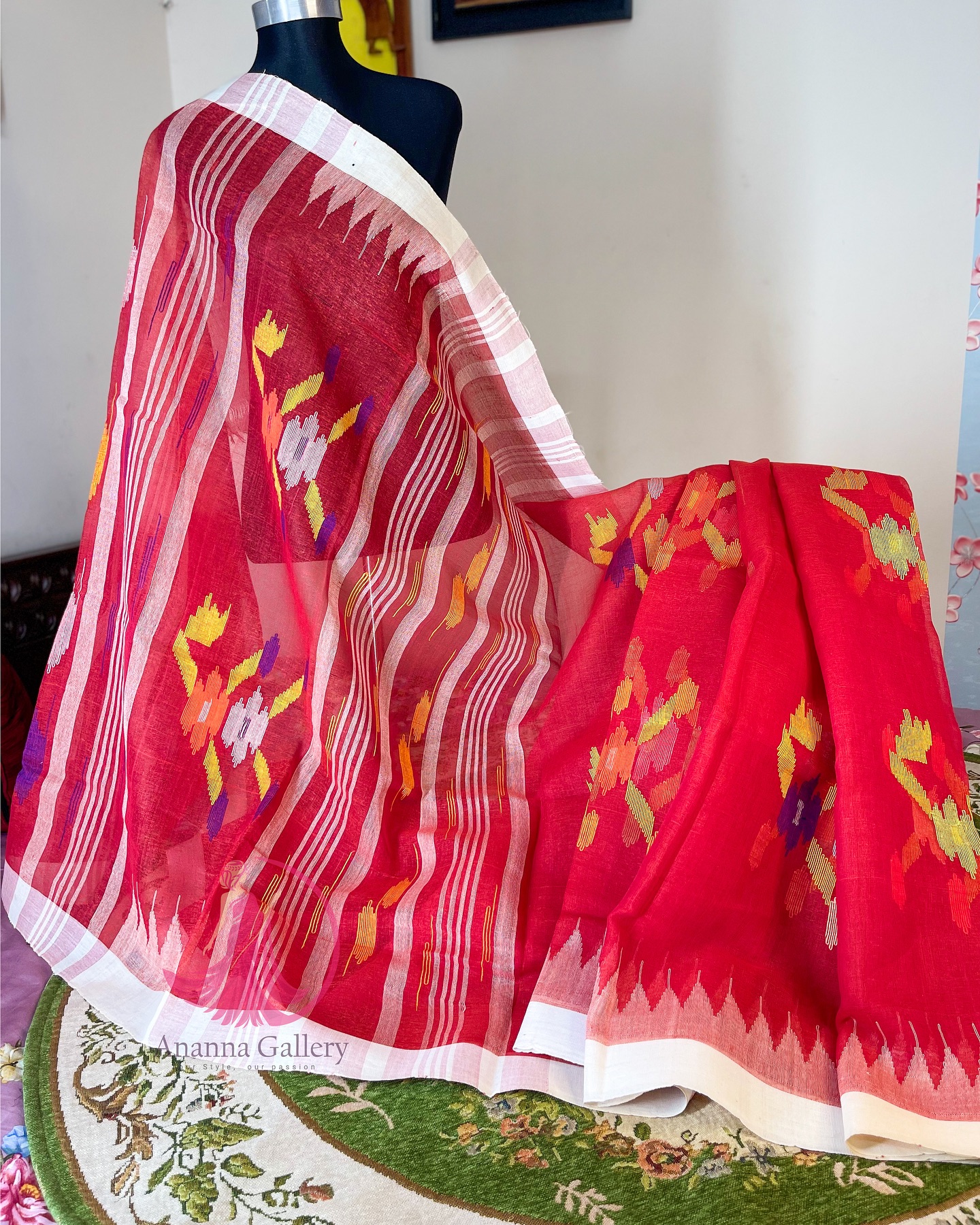Red Floral Monipuri Saree - Image 2